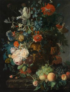 Naturaleza muerta con flores y frutas